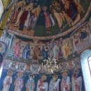 pictura bizantina  fresca altar Inaltarea Domnului Sf Prooroc David Sf  Arh Mihail Maica Domnului pe tron Sf Arh.  Gavriil Sf Prooroc Solomon Impartasirea Apostolilor